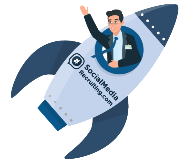 Zeichnung einer Rakete mit dem Schriftzug "SocialMediaRecruiting.com" und einem freundlichen Mann mit Brille, der aus einem Fenster der Rakete schaut und winkt