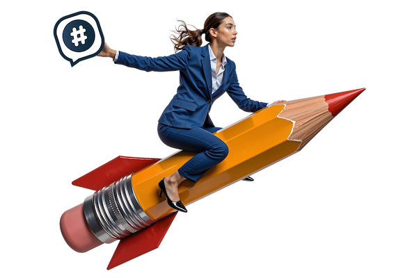 Geschäftsfrau reitet auf einer Bleistift-Rakete und hält das Logo von SocialMediaRecruiting.com in der Hand